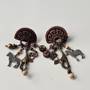 African Wildlife Safari Giraffe Zebra Palm Tree Bronze Dangle Post Earrings